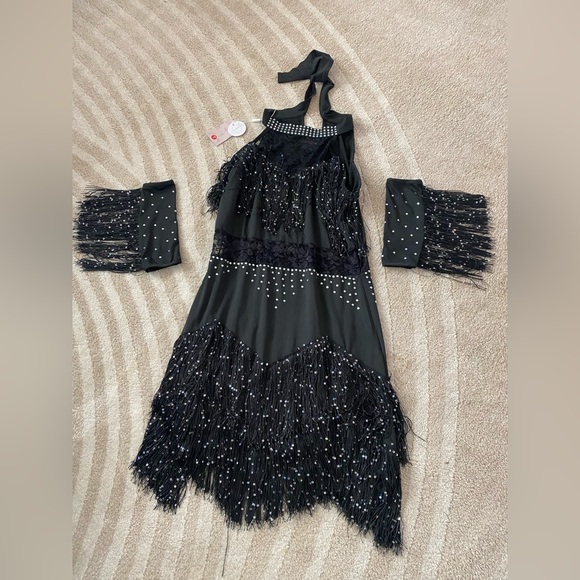 Latin Dress Lace Rhinestone Fringe Ballroom Salsa Cha Cha Dance Dress w/Armband - Picture 1 of 3